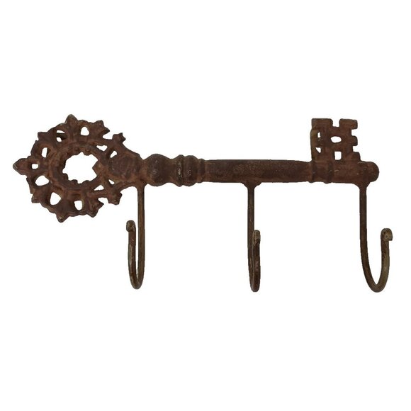 Vintage Cast Iron Skeleton Key Shaped 3 Hook Wall Coat Hanger Key Holder Rustic - Picture 1 of 7